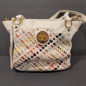 ELLIOT LUCCA TOP MAGNETIC & ZIP IVORY/MULTI-COLOR WEAVE PATTERN LEATHER SATCHEL